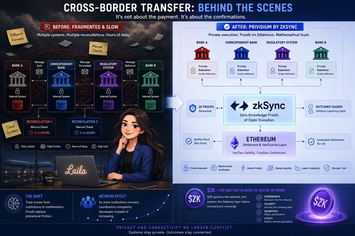 habib_atif36158's tweet photo. Some of the world’s largest financial delays happen after payment succeeds.

A collateral transfer can already be funded, approved, and visible to both counterparties

Still remain temporarily unusable because another regional system has not finalised exposure calculations before an overnight settlement window closes.

So capital waits.

Not for money.

For institutions to synchronise operational reality.

That coordination burden has quietly become part of global financial infrastructure.

Correspondent banking alone still requires roughly $27 trillion in pre-funded liquidity because fragmented systems cannot always recognise the same settlement state simultaneously.

The @zksync architecture approaches that problem differently.

Prividium is designed to allow institutions to execute privately inside sovereign environments while zero-knowledge proofs finalise verified outcomes through Ethereum, which is Layer 1.

So verification becomes shared even when operational environments remain separate.

That changes how networks compound.

In fragmented infrastructure, every additional institution increases reconciliation overhead.

In shared verification systems, every new participant increases the number of possible coordination relationships across the network, similar to how SWIFT expanded from a few hundred banks into infrastructure connecting more than 11,000 institutions.

$ZK is the only native asset of the ZKsync network.

Today, it operates inside that architecture through governance and as the native gas token for ZKsync Gateway settlement coordination.

Maybe the hidden cost in global finance was never just trapped capital.

Maybe it was thousands of independent systems constantly trying to confirm the same version of reality.