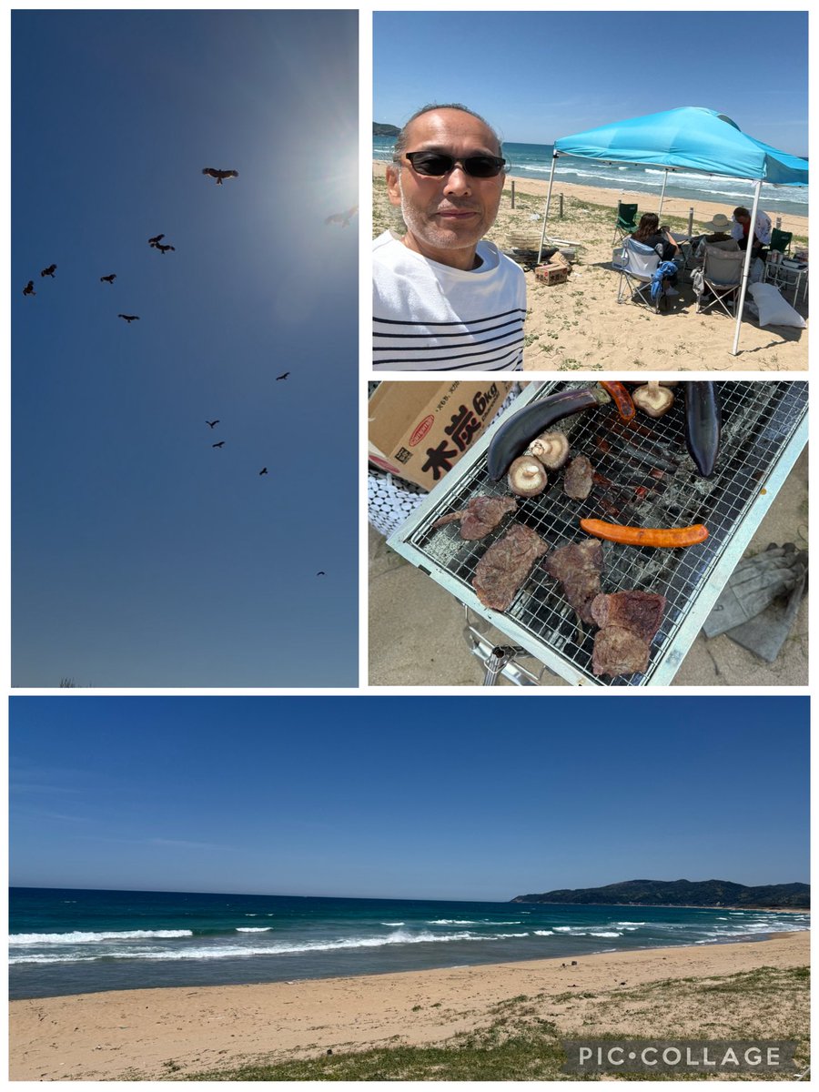 hisato04's tweet photo. 今日もいい天気☀️だったぁ。

こんな日はBBQということで、友達と葛野浜で肉🍖や野菜をたらふく食べて来ました。
海🌊を眺めながらのんびりするのは最高ですな😆

獲物を狙ってトンビの群れが上空に集まり、気が抜けない一時も😓😓😓

#BBQ
#葛野浜 https://t.co/1KGSpzGJ4m