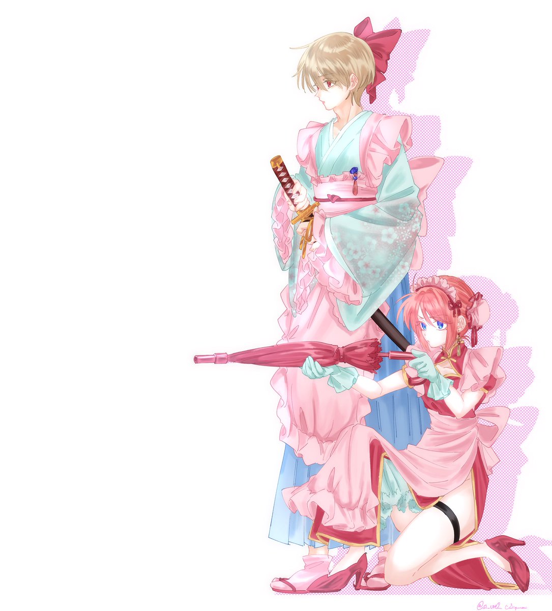 si_ure2's tweet photo. ⚠️女装
武闘派メイドおっかぐ
一日に2枚も絵(色塗り含)描くもんじゃないですね、めっちゃ雑になっちゃった...😭😭😭
最先端のファッション系企業のお嬢の護衛で名指し依頼された2人みたいな妄想による産物(？？)
沖田くんはなんで女装させられたのかよく分からない顔です
 #沖神 https://t.co/U7RO5lp9Be