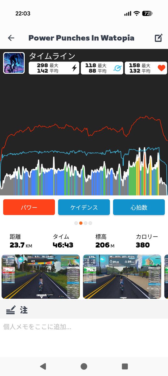 kobanal1's tweet photo. 久々に心拍意識。125〜135bpm
ラストの周回は全力RIDE https://t.co/5pT0xu2noM