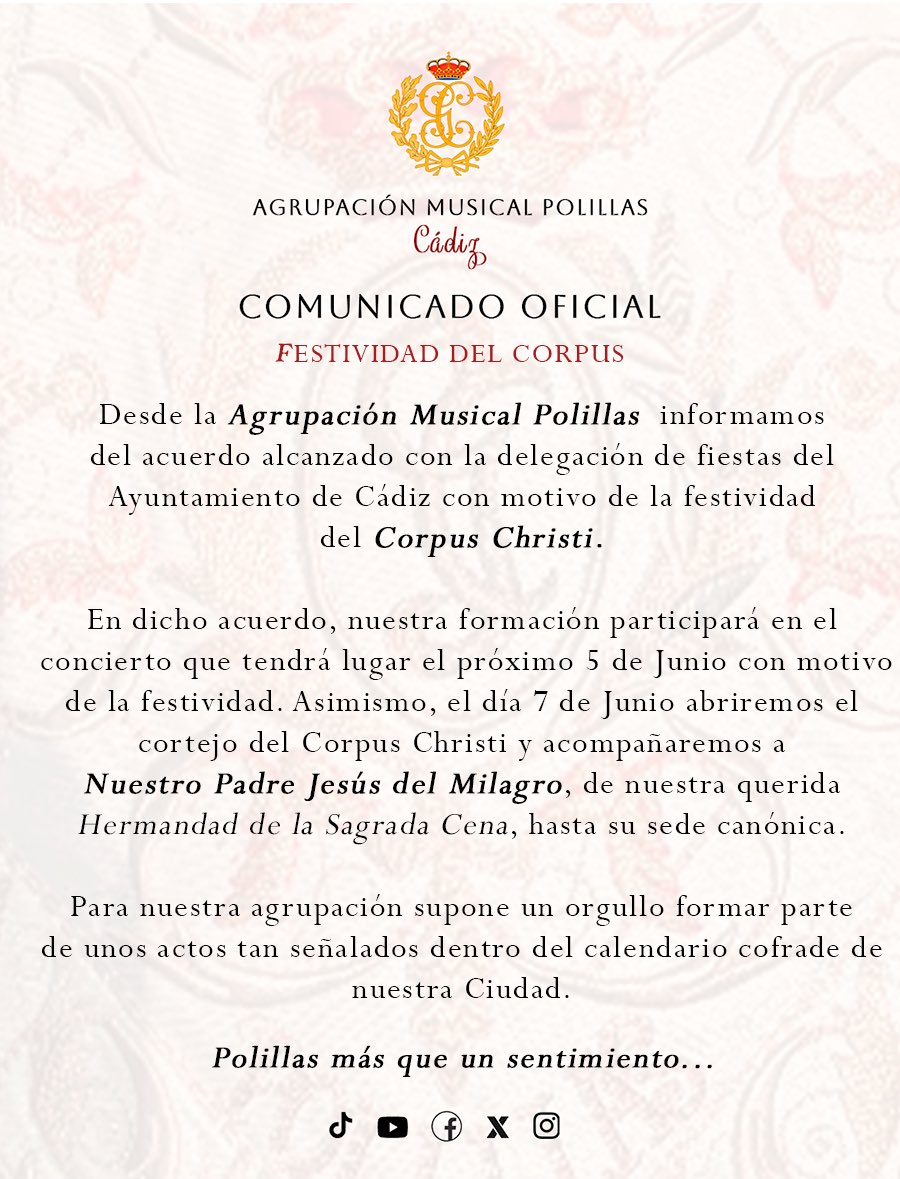 PolillasCadiz's tweet photo. 🔴 Como cada año, volveremos a participar en la celebración del Corpus Christi. 

Polillas, más que un sentimiento… https://t.co/L79kBdz0a3