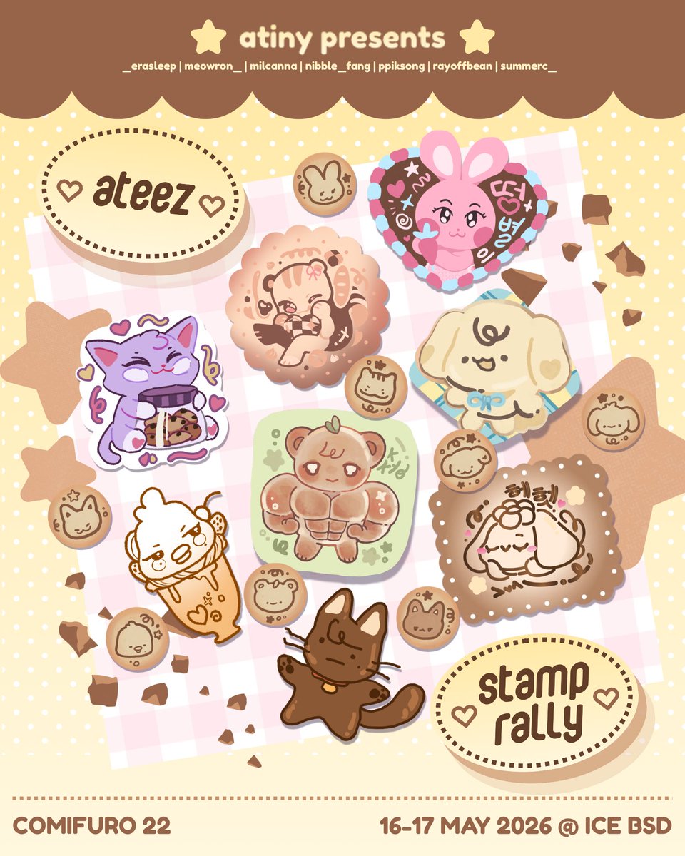 🍪 DING! 🍪

ATEEZ STAMP RALLY IS COMING TO #CF22!

🍰 Collect 6 stamps from all participating artists!
🧁 16-17 MAY @ ICE BSD 
🍮 Details below ♡