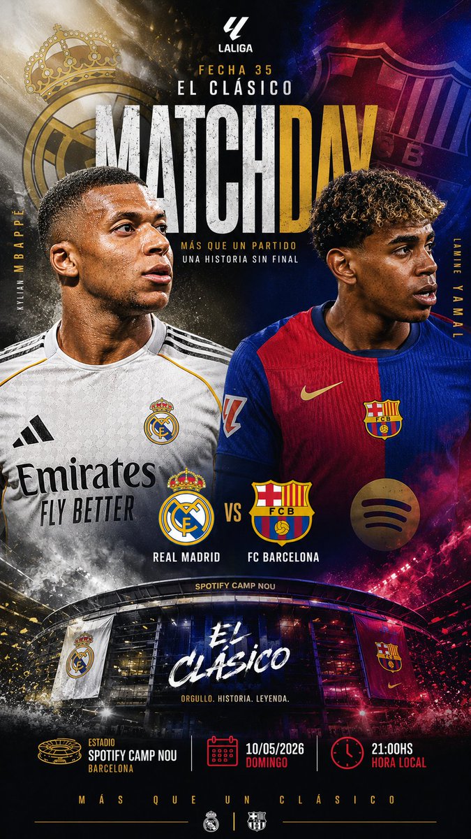gobetpoint's tweet photo. 🚨 ¡HOY SE DETIENE EL PLANETA! 🌍⚽
Llegó el día de #ElClasico por la Fecha 35 de #LaLiga. Orgullo, historia y leyenda. 🔥
🔵🔴 @FCBarcelona 🆚 @realmadrid ⚪👑 🏟️ Spotify Camp Nou ⏰ 21:00 hs
Lamine Yamal vs Mbappé.
¿Quién dominará esta noche? 👇
#betpoint https://t.co/PG5yezVyGC