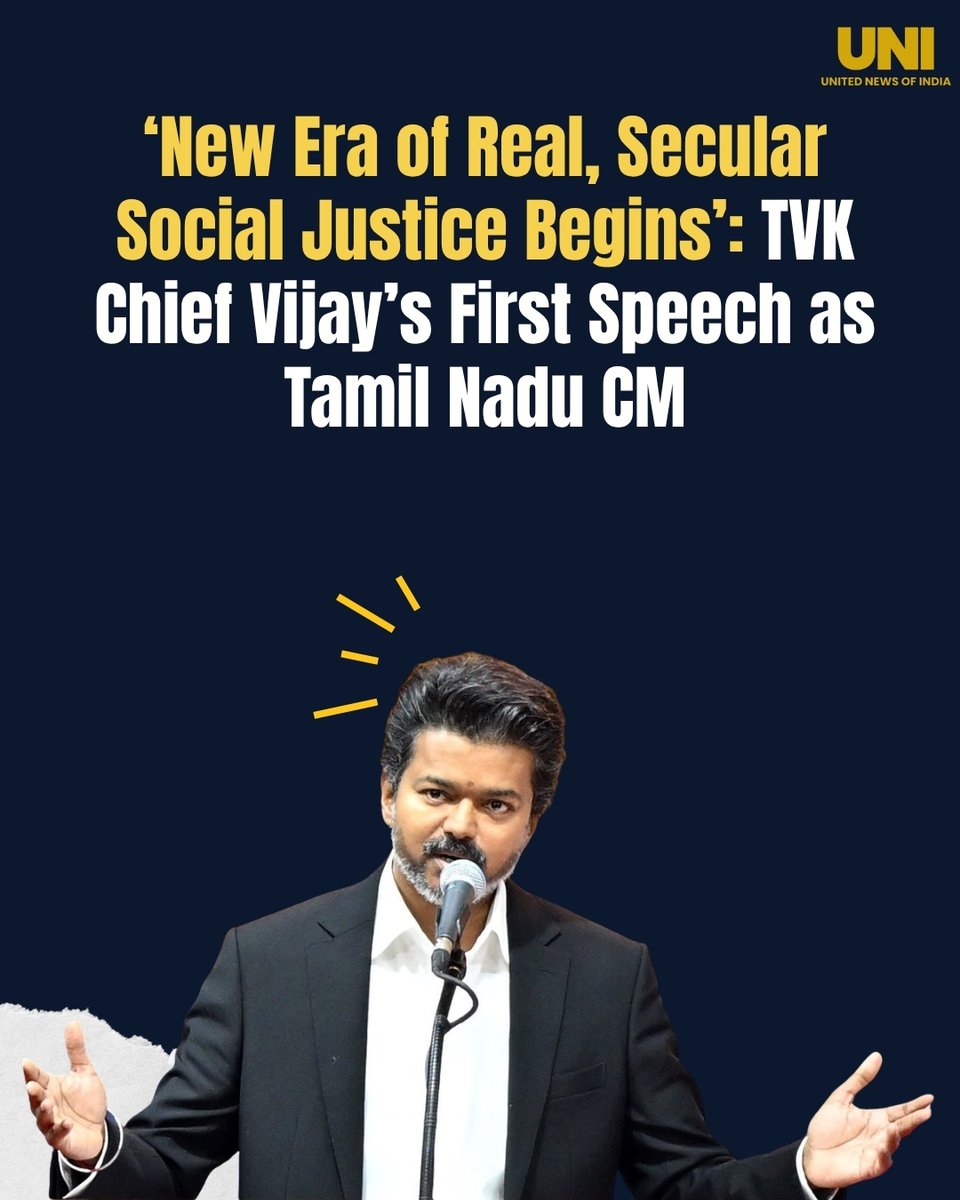 uniindianews's tweet photo. “A new era of real, secular social justice begins now.”

Vijay took oath as the Chief Minister of Tamil Nadu, marking the rise of Tamilaga Vettri Kazhagam from a newly formed party to the seat of power.

@CMOTamilnadu | @actorvijay | @TVKVijayHQ | #TVKVijay | #TVK | #Vijay | #TamilNadu | #TamilNaduCM | #CJosephVijay | #Chennai | #TamilagaVettriKazhagam | #TrishaKrishnan | #SwearingInCeremony | #OathCeremony | #UNI