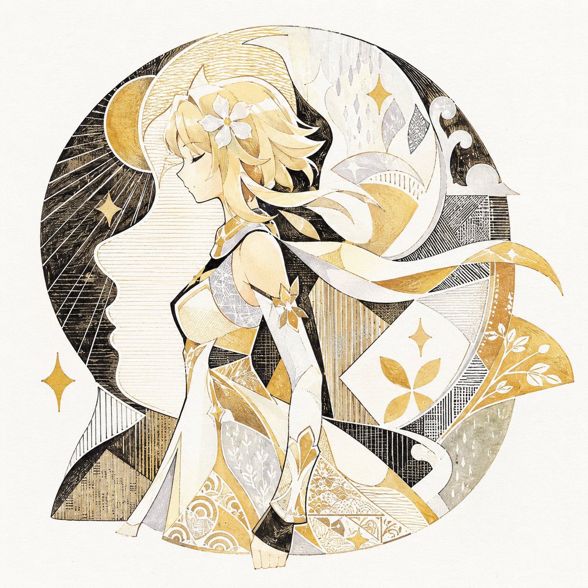 VoxcatAI's tweet photo. 把原神角色重新想象成现代装饰性插画：几何化轮廓、钢笔线描、水彩淡染、版画黑线与纸本肌理交织。

像角色肖像，也像纹章、曼陀罗与手工版画。  
非写实，非摄影，只保留情绪、色彩和符号感。 https://t.co/IozlQ3HGue