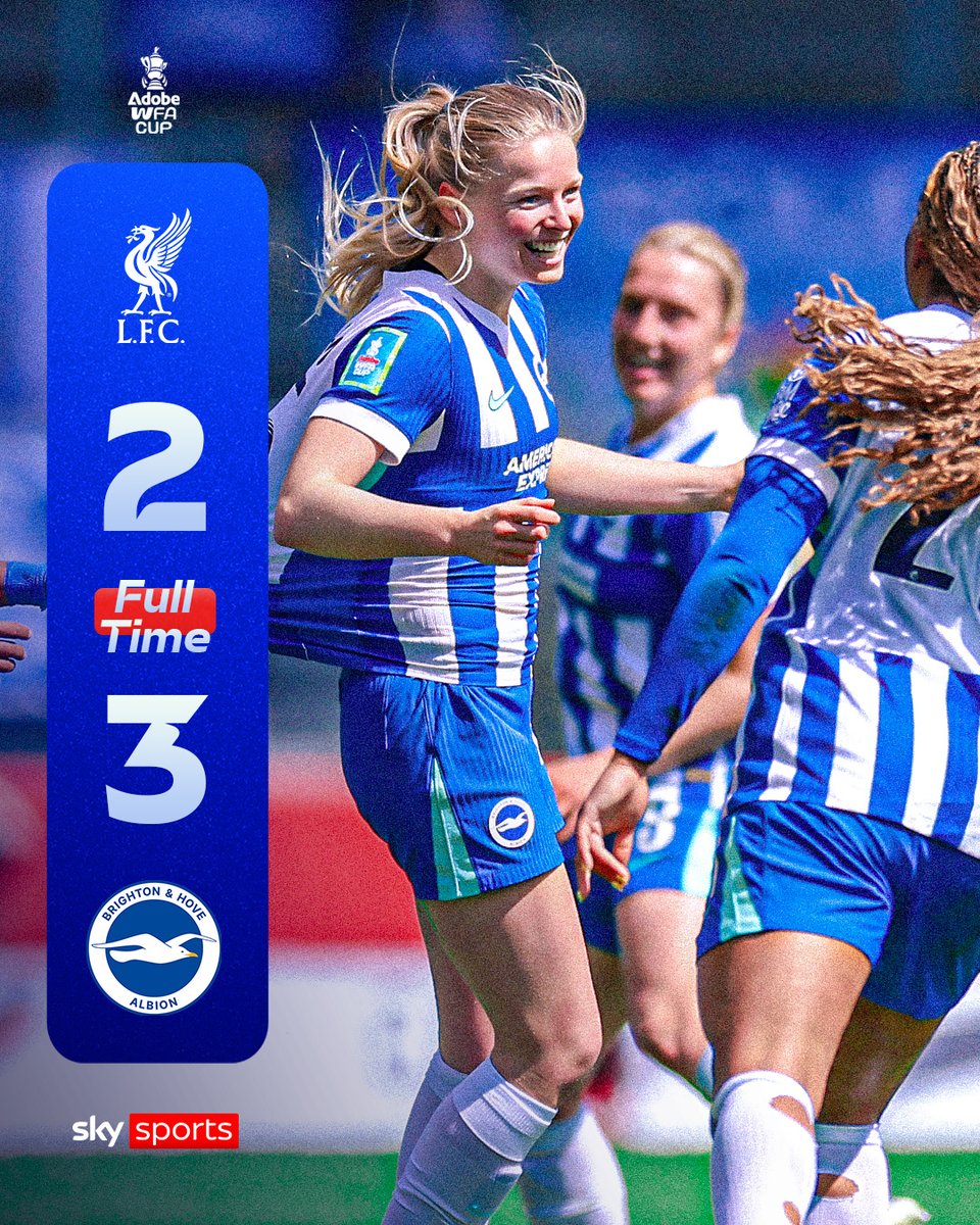 SkySportsWSL's tweet photo. FULL-TIME: Brighton come from behind to book their place in the FA Cup final with a dramatic 95th minutue winner! 🤯 https://t.co/nhU6XqKrAJ