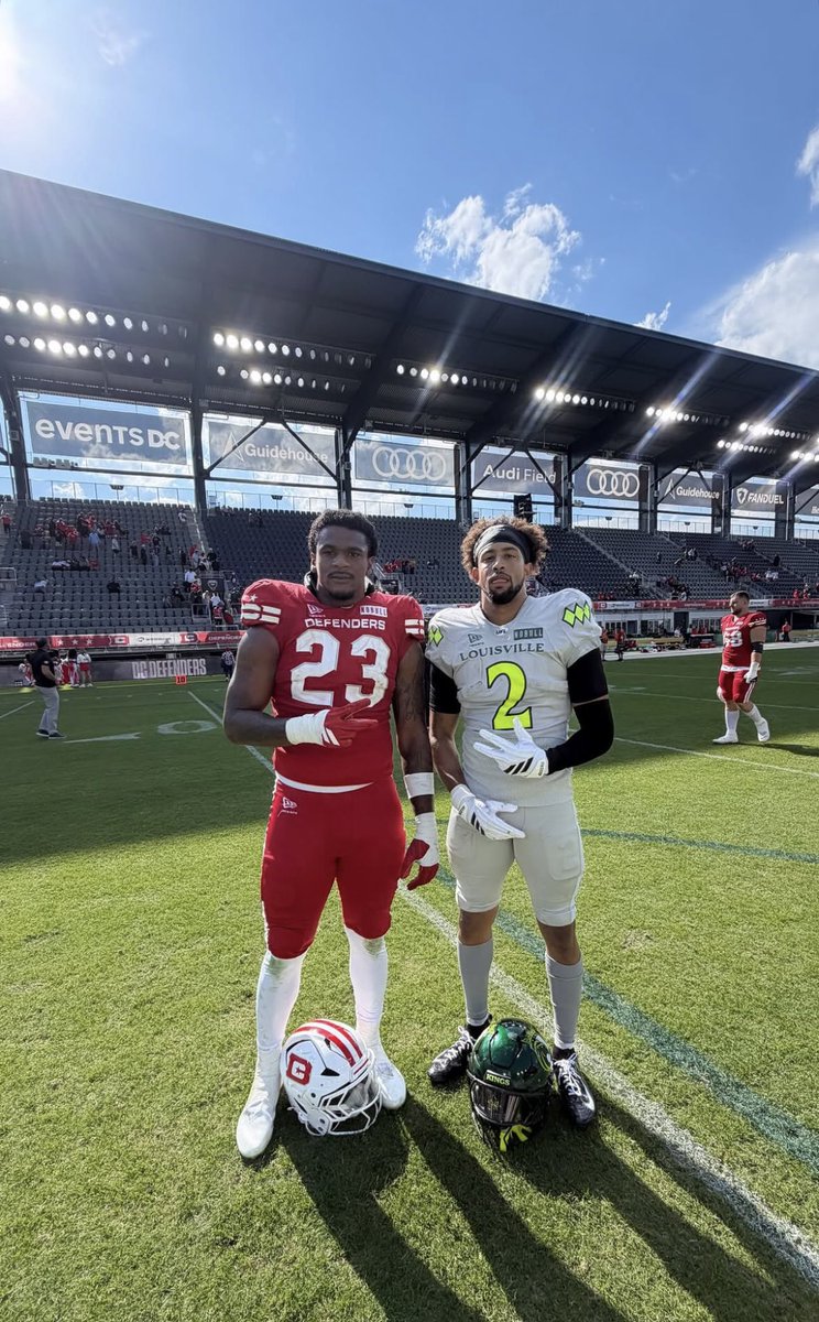 SamuelBrungo's tweet photo. Former Penn State defenders Keaton Ellis and Curtis Jacobs postgame in the UFL.

Ellis had 4 tackles and an interception.
Jacobs had 6 tackles.

#WeAre | #UFL https://t.co/Q8BvLNh0kc