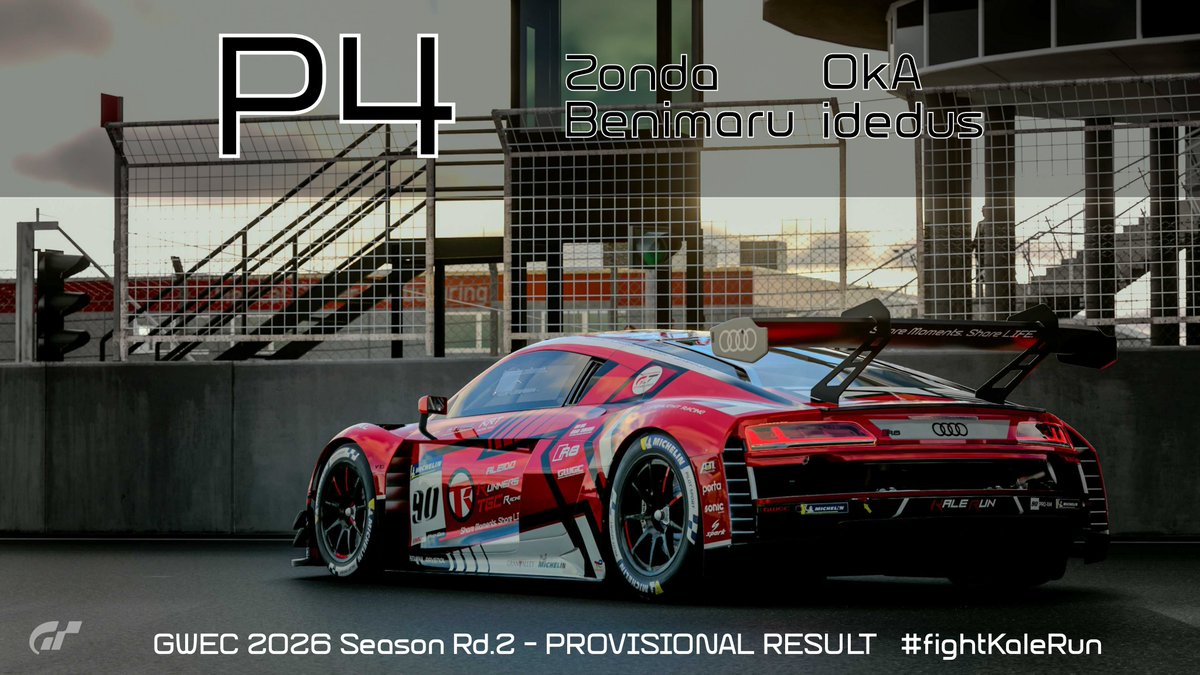 【#GWEC_GT7 2026 Rd.2 PROVISIONAL RESULT】

P7 → P4 !!
Kept calm and got a great result, let's keep going✊✊

#fightKaleRun