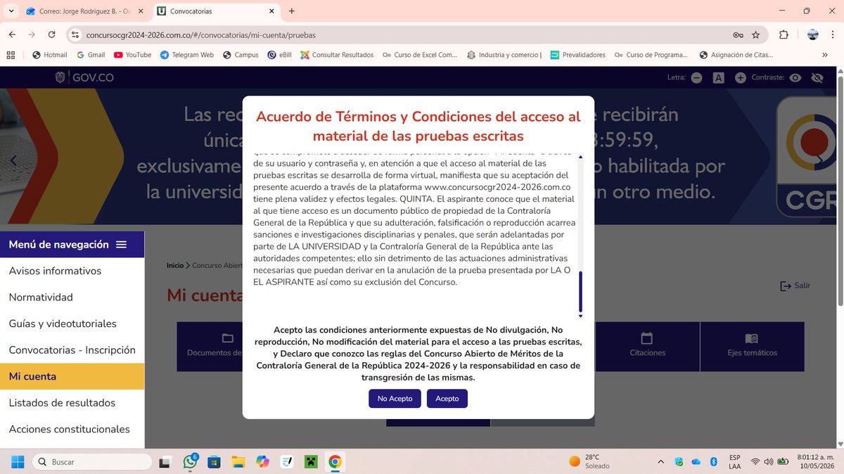 JorgRodriguezB's tweet photo. #concursocontraloria Se deja constancia que no se encuentra habilitada la vizualización a las pruebas escritas. Se da clic en el botón "Aceptar" y no pasa nada @CGR_Colombia @UdeA https://t.co/PsjYmTO8po
