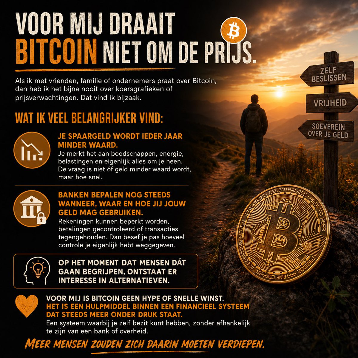 SWitkam's tweet photo. Voor mij draait Bitcoin niet om de prijs.

Als ik met vrienden, familie of ondernemers praat over Bitcoin, dan heb ik het bijna nooit over koersgrafieken of prijsverwachtingen. Dat vind ik bijzaak.

Wat ik veel belangrijker vind:

Je spaargeld wordt ieder jaar minder waard. Je merkt het aan boodschappen, energie, belastingen en eigenlijk alles om je heen. De vraag is niet óf geld minder waard wordt, maar hoe snel.

Daarnaast bepalen banken nog steeds wanneer, waar en hoe jij jouw geld mag gebruiken. Rekeningen kunnen beperkt worden, betalingen gecontroleerd of transacties tegengehouden. Dan besef je pas hoeveel controle je eigenlijk hebt weggegeven.

Op het moment dat mensen dát gaan begrijpen, ontstaat er interesse in alternatieven.

Voor mij is Bitcoin geen hype of snelle winst. Het is een hulpmiddel binnen een financieel systeem dat steeds meer onder druk staat. Een systeem waarbij je zelf bezit kunt hebben, zonder afhankelijk te zijn van een bank of overheid.

Meer mensen zouden zich daarin moeten verdiepen. 🧡