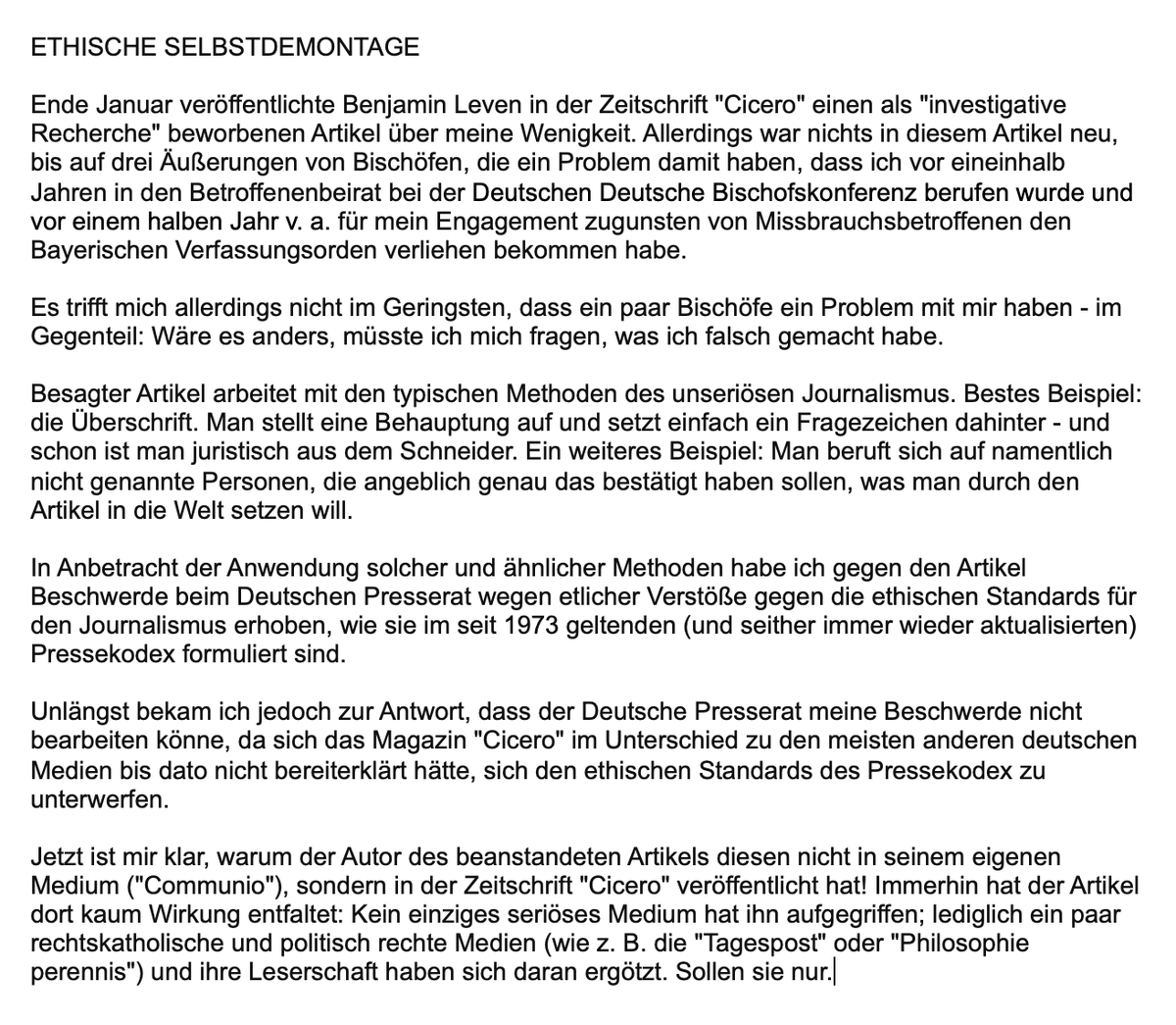 WolfgangFRothe's tweet photo. Die ethische Selbstdemontage von Benjamin Leven. #Kirche #Katholisch #Medien #Recht #Presserecht #Presserat #DeutscherPresserat #Pressekodex #Ethik #Medienethik #Beschwerde #Cicero #Communio #Missbrauch #Gewalt #Lüge #ÜbleNachrede https://t.co/KqXAwplPaL