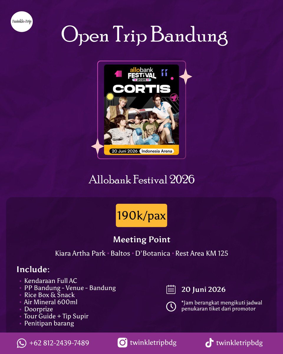 twinkletripbdg's tweet photo. [OPEN TRIP ALLOBANK FESTIVAL 2026 FROM BANDUNG] 

📢 Hello COER Bandung👋 
we're opening a trip for Allobank Festival 2026 in Jakarta. Book your seat now! And Feel free to DM us on the account below for details.🌷💗

#tripallobankbandung https://t.co/cH2ak4LTBK