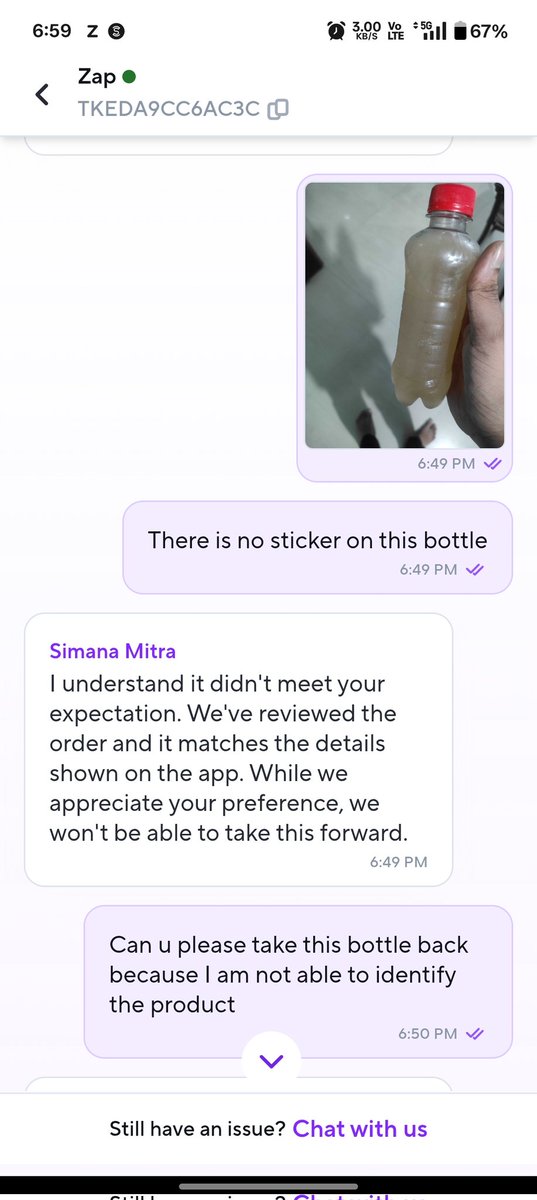 kareemkhan899's tweet photo. @zeptocares Your agent disconnected chat without any proper help first my order got delayed then received item without any sticker how should I identify the product is correct https://t.co/iWtQqg9FfL