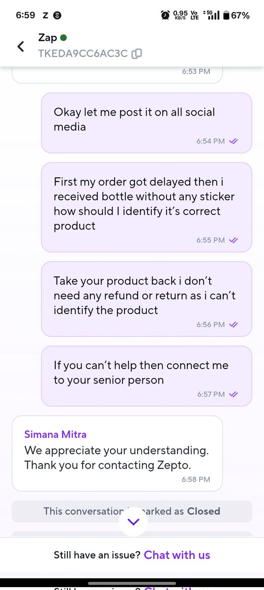 kareemkhan899's tweet photo. @zeptocares Your agent disconnected chat without any proper help first my order got delayed then received item without any sticker how should I identify the product is correct https://t.co/iWtQqg9FfL