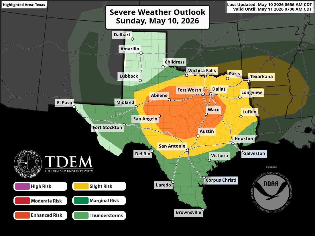 TDEM's tweet photo. Hey Texas! There’s a significant severe weather and flash flood threat for your Mother’s Day forecast.⚡️

Primary risks include damaging winds, large hail, rain, flooding, and possible tornadoes.

Have a plan, stay informed, and follow directions of local officials. https://t.co/ctykoIwdNV