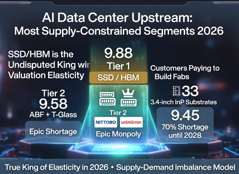 Victorlee359's tweet photo. AI Data Center Industry Chain: Which Upstream Segments Are the Most Supply-Constrained?

After analyzing the entire upstream supply chain, here are my current Top 3 most tight segments:

1. $SSD/ $HBM
2. $ABF+T-Glass
3.3.4-inch $InP Substrates

Using my supply-demand imbalance model, here are the detailed reasons:

1.SSD / HBM (Score: 9.88)
Three giants hold a near-monopoly, and customers are literally paying upfront to help them build new fabs. Highest certainty of sustained tightness.

2.ABF + T-Glass (Score: 9.58)
The $Nittobo + $Unimicron combination creates an epic-level monopoly. Extremely difficult to break.

3.3.4-inch InP Substrates (Score: 9.45)
Massive 70%+ supply shortfall, expected to persist through 2028.

If we also factor in valuation elasticity, SSD/HBM stands head and shoulders above all other segments — it is undoubtedly the true king with the strongest upside this year.

Want to dive deeper into the hardcore logic of individual high-conviction stocks? Feel free to follow me.