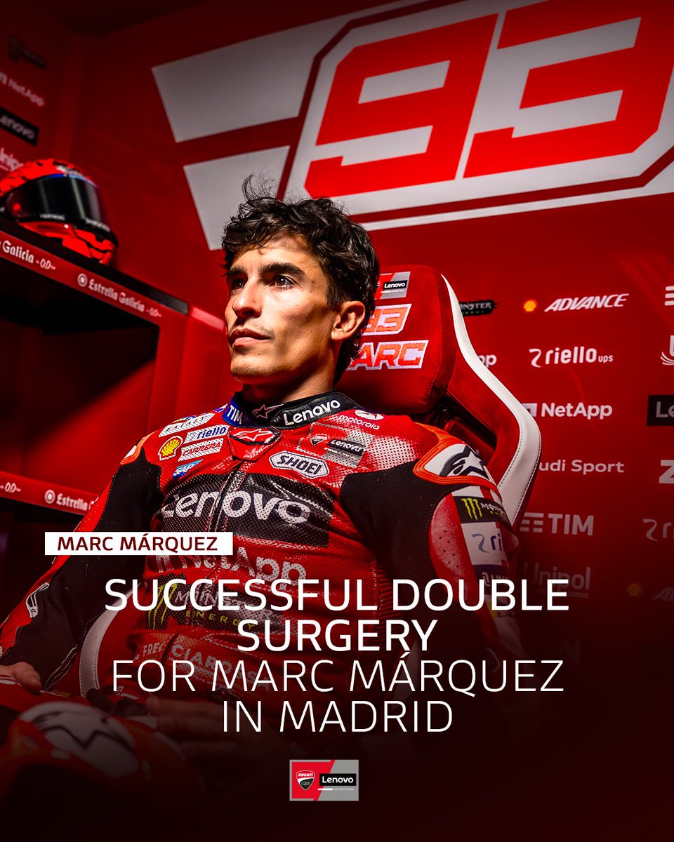 ❤️💪
Medical Update on <a href="/marcmarquez93/">Marc Márquez</a> 

Successful double surgery for Marc Márquez in Madrid.
The rider of the #DucatiLenovoTeam underwent two surgeries this morning one on his right foot and another on the right shoulder.