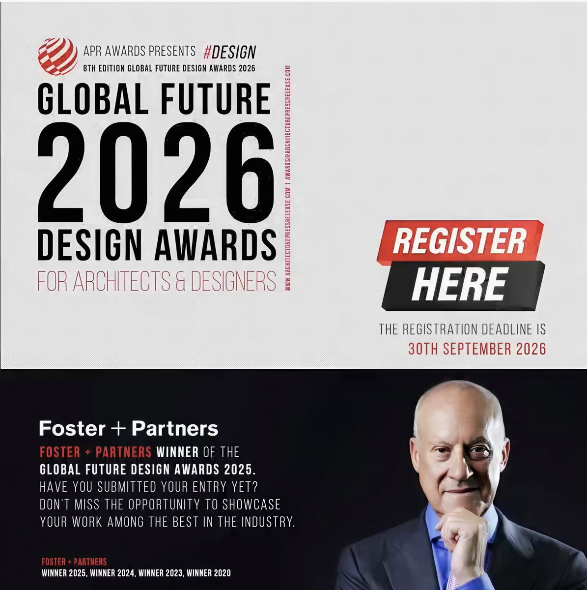 PrArchitecture's tweet photo. Invitation for Global Future Design Awards 2026 is open for entries. A good moment to refine and submit your strongest work.

Call For Entries📢

#architecture #design #interiordesign #architects #awards 

https://t.co/Mxhz8CIVoO https://t.co/CltVrl1qiz
