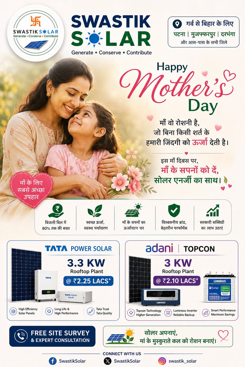 SwastikSolar's tweet photo. 🌸 Mother’s Day Special with Swastik Solar 🌞
इस Mother’s Day, अपनी माँ को दें ऐसा उपहार जो हर दिन बचत और खुशियों की रोशनी लाए। 💚
अब बिहार में भरोसेमंद सोलर सॉल्यूशन के साथ बिजली बिल में बड़ी बचत करें और घर को बनाएं ऊर्जा आत्मनिर्भर। https://t.co/4YXKKHW0tT