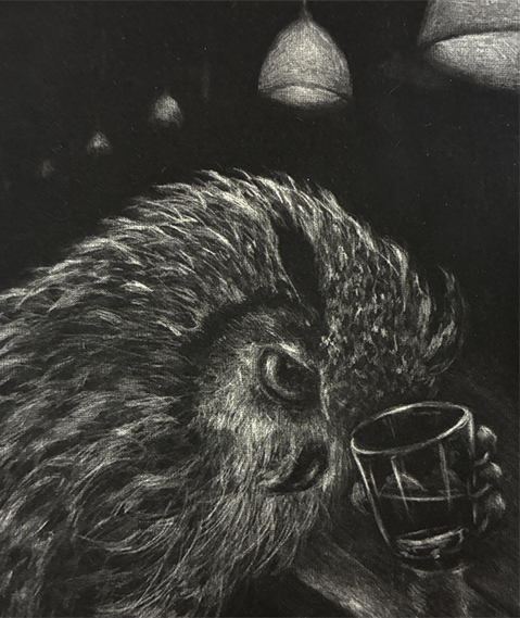 c_tera's tweet photo. バーでソロ会議しているフクロウ

#メゾチント
#銅版画
#ふくろう
#owl　#mezzotint
#copperplatePrintmaking https://t.co/QBq1QfJHa3