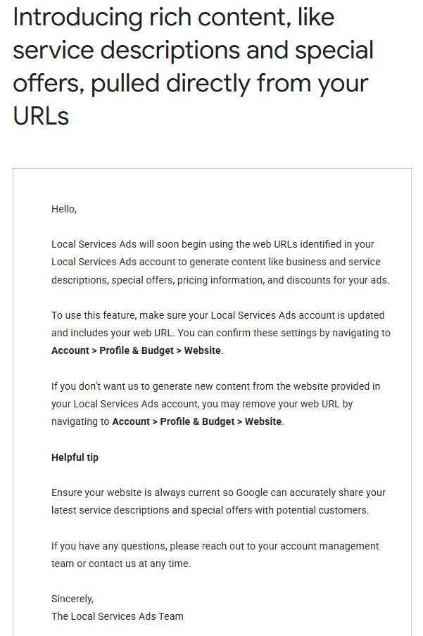 Google is rolling out a big change to Local Services Ads.

Your LSA ads are about to start pulling service descriptions, offers, discounts, and pricing directly from your website.

Think about what that means. If your site has a garbage homepage with no real service pages and no