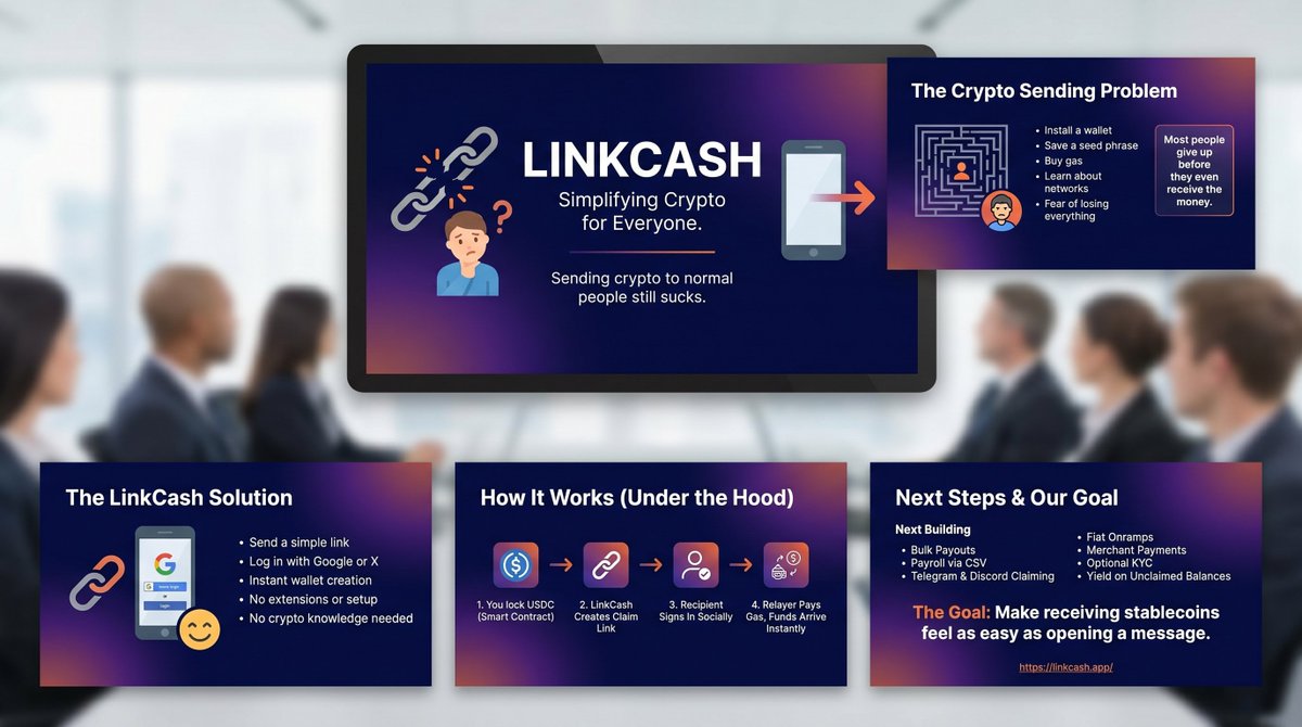0xApollo440's tweet photo. Sending crypto to normal people still sucks

You send someone USDC and suddenly they need to:
install a wallet,
save a seed phrase,
buy gas,
learn what a network is,
and pray they don’t lose everything.

Most people give up before they even receive the money.

So we built #LinkCash

You send a simple link.
The other person opens it, logs in with Google or X, and instantly gets a wallet created in the background.

No extensions.
No wallet setup.
No crypto knowledge needed.

Just open the link and claim the USDC.

Here’s how it works:

• You lock USDC in a smart contract on @arc 
• LinkCash creates a claim link
• Recipient signs in socially
• Relayer pays the gas
• Funds arrive on-chain instantly

That’s it.

We already have a live MVP on Arc testnet:
https://t.co/Fx8YN5impW

Smart contracts are deployed.
Backend works.
Frontend works.
People are already testing it.

Next things we’re building:

bulk payouts
payroll via CSV
Telegram & Discord claiming
fiat onramps
merchant payments
optional KYC for larger transfers
yield on unclaimed balances

The goal is simple:

Make receiving stablecoins feel as easy as opening a message
