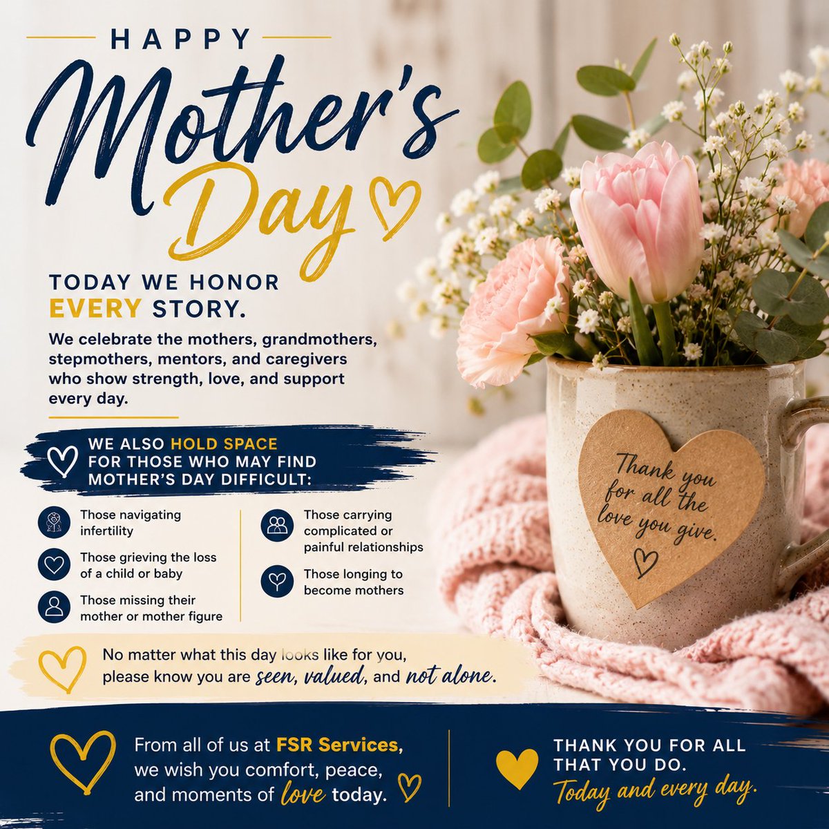 fsrservices's tweet photo. 💐 This Mother’s Day, we honor every story.
We celebrate mothers, grandmothers, caregivers, and mentors, and we also hold space for those navigating infertility, grief, or loss.
No matter what this day looks like for you, you are seen, valued, and not alone. 💛
#MothersDay https://t.co/iThSPhrtf0
