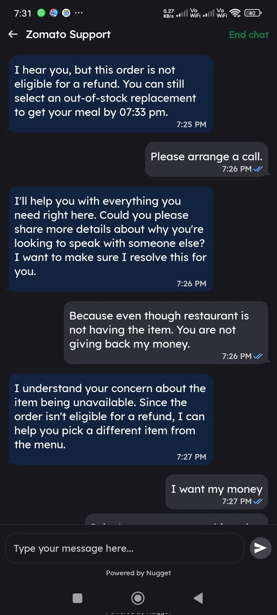 TStudentofLaw's tweet photo. Dadagiri of Mfs @zomato . The restaurant does have an item... But they won't refund my money... Dictating what I should eat... Zomato having no principles and adopting unfair practices.. cheating customers https://t.co/CHiXeYge56