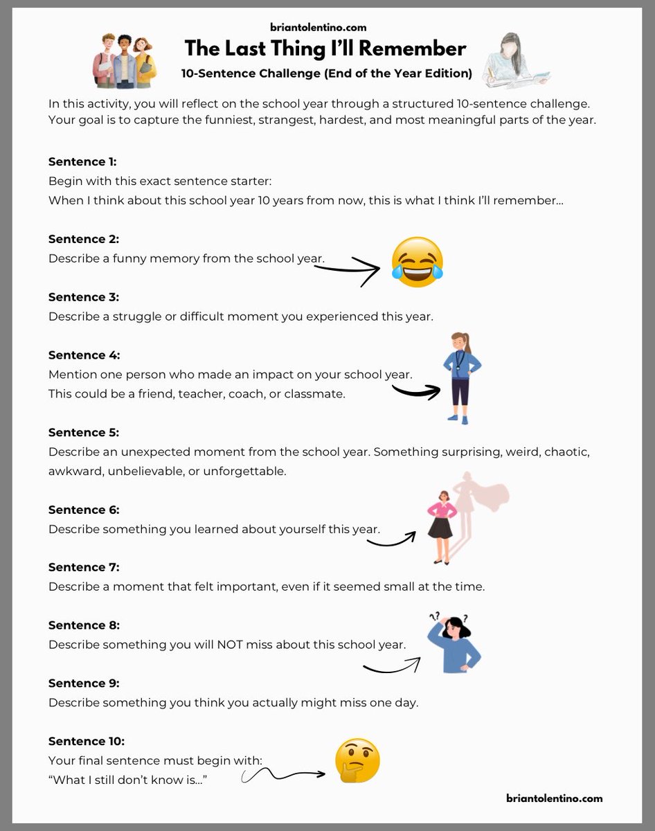 TolentinoTeach's tweet photo. 10 Sentence Challenge: The Last Thing I’ll Remember (End of the Year Edition)

Link: https://t.co/1VGBBSlhnW https://t.co/AISoBmsEnN