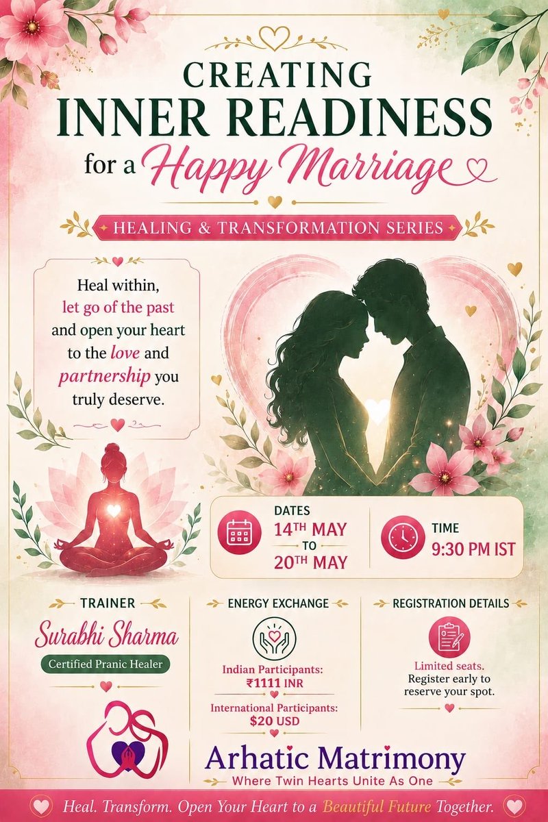 mcksarhaticmat1's tweet photo. 🗓️Date : *14 - 20 May* 
⏰Time : *9:30 - 10:15 PM IST*
🧑‍🎓Eligibility : *Pranic Healing Singles*
💰 Energy Exchange - *1111 INR / 20 $*

💻🖱️Registration Link. 
*https://t.co/fRUxKZ9dDs* https://t.co/8wHhkpImxE