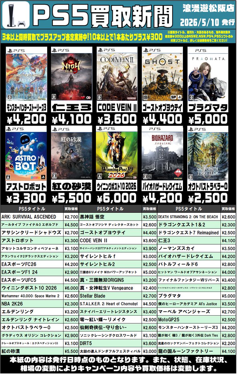 PS4＆PS5ソフトの買取新聞を更新しました🎮 今回はPS3ソフトも少し載せ