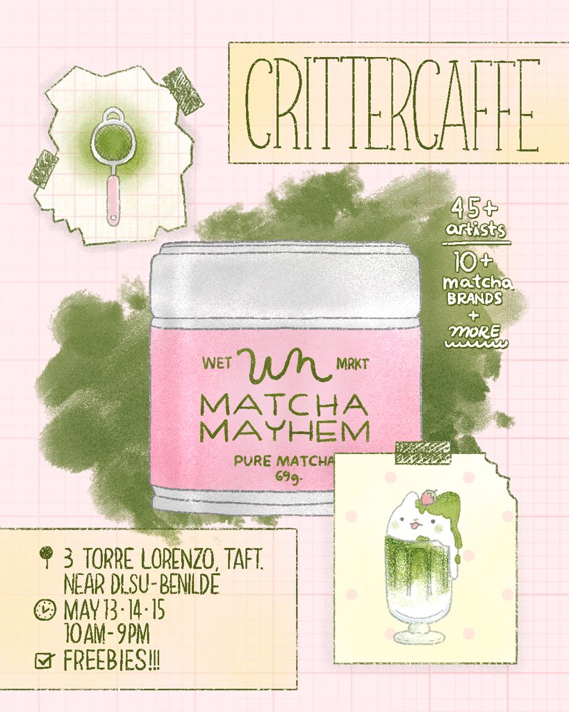 your fave matcha brands &amp; local creatives is BACK in TAFT!

🍀 NEW PRODUCT! incense stick blends 🙏
🍀 NEW! sticker, print, designs
🍀 NEW! scratch card game!
🍀 LOTS OF FREEBIES!

find us at…
📍 3 Torre Lorenzo, Taft, Manila (Near DLSU &amp; BENILDE)
📆 May 13, 14, 15 | 10 AM till