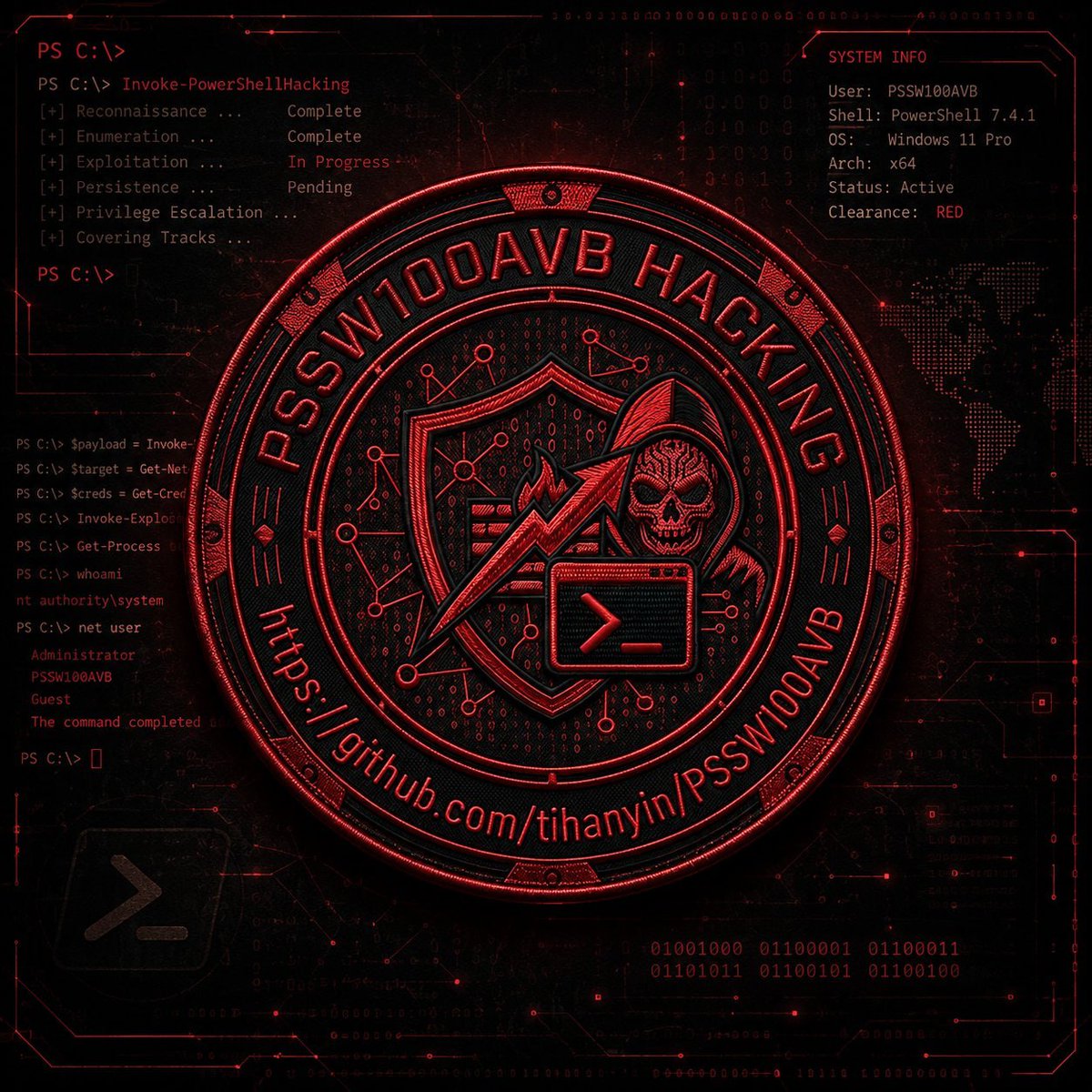 HackingTeam77's tweet photo. ⚡️ PSSW100AVB — PowerShell Scripts With 100% AV Bypass

PowerShell payloads built for AV evasion and red team research.

Includes:
• Reverse shells
• Obfuscation techniques
• Sandbox bypass concepts
• AI/behavior-analysis evasion experiments

Focuses on how modern payloads attempt to bypass antivirus and EDR detection mechanisms.

https://t.co/2trAcsgo9P

#CyberSecurity #RedTeam #PowerShell #malwareanalysis