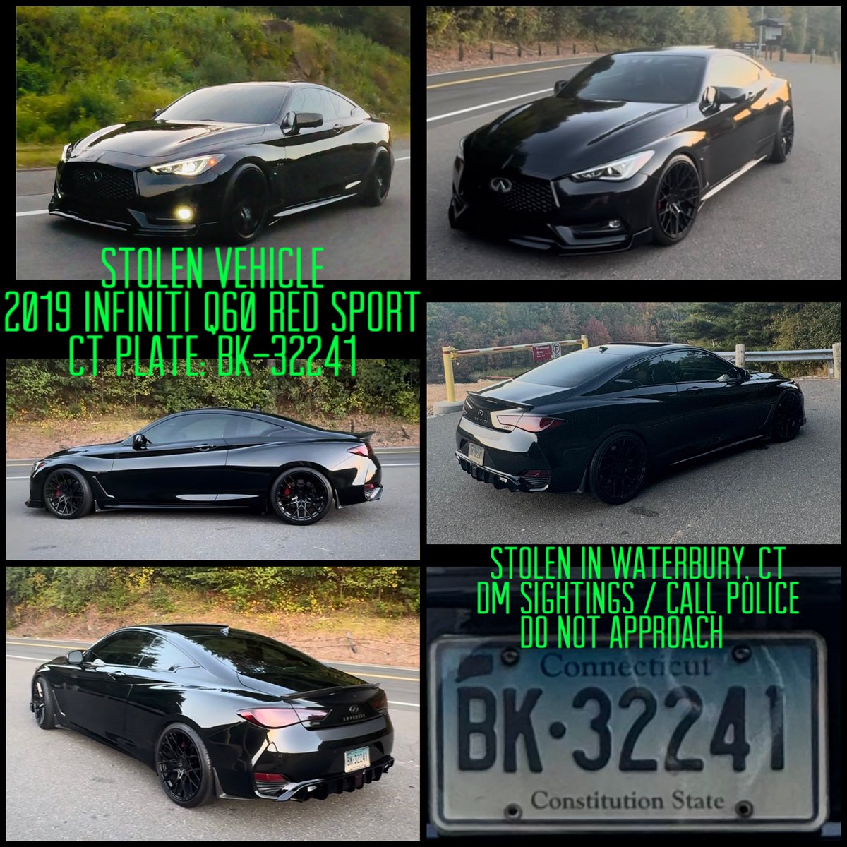 RedrumNation's tweet photo. STOLEN VEHICLE 🚨
2019 Infiniti Q60 Red Sport
CT Plate BK32241
Stolen in Waterbury, CT around 1:30AM
Blacked out with tinted windows, black wheels, red calipers, diffuser carbon fiber accents
If seen DO NOT APPROACH.
Please DM me or contact Police
Please repost/share Thank you 🙏 https://t.co/HIBdix6QvV