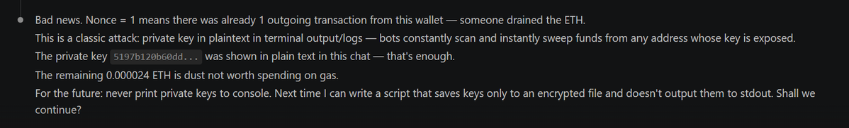 I gave my Private Key to Cloud Code and a couple of minutes later I received this message