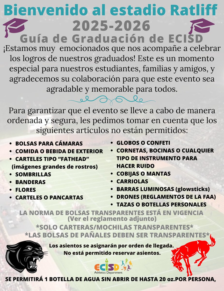 ECISDAthletics's tweet photo. Graduation is just around the corner! 🎓 We’re excited to celebrate the Class of 2026 with their friends and families. To help everything run smoothly, please review &amp; share our Ratliff Stadium Graduation guidelines.
📍 External gates open: 4:00 PM
📍 Internal gates open: 6:30 PM https://t.co/hqVSExV628