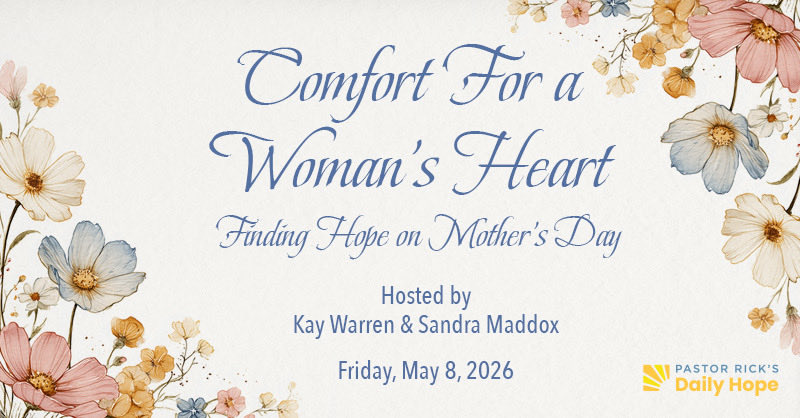 KayWarren1's tweet photo. Comfort for a Woman’s Heart is a grief event for women who need a safe and gentle place to freely express the sorrow they experience on Mother’s Day. If you have lost a child or a mother, are widowed, have experienced infertility, miscarriage, stillbirth, or estrangement from your children, you are welcome here. Through music, stories from women just like you, encouraging words from Kay Warren, prayer, and personal reflection, you will find comfort and renewed hope through faith, friendship, and the fellowship that grows from shared suffering.

To register, click the link in bio.

When: Friday, May 8, 7:00pm – 8:30pm

Where: Rancho Santa Margarita, CA 

Sponsor: Daily Hope

Hosted by: Kay Warren and Sandra Maddox

Cost: $15

Attire: Casual

Refreshments: Light refreshments will be served

Questions: mailto:events@pastorrick.com

Please note: Due to limited space, a ticket is required; we will not be able to accommodate walk-ins**