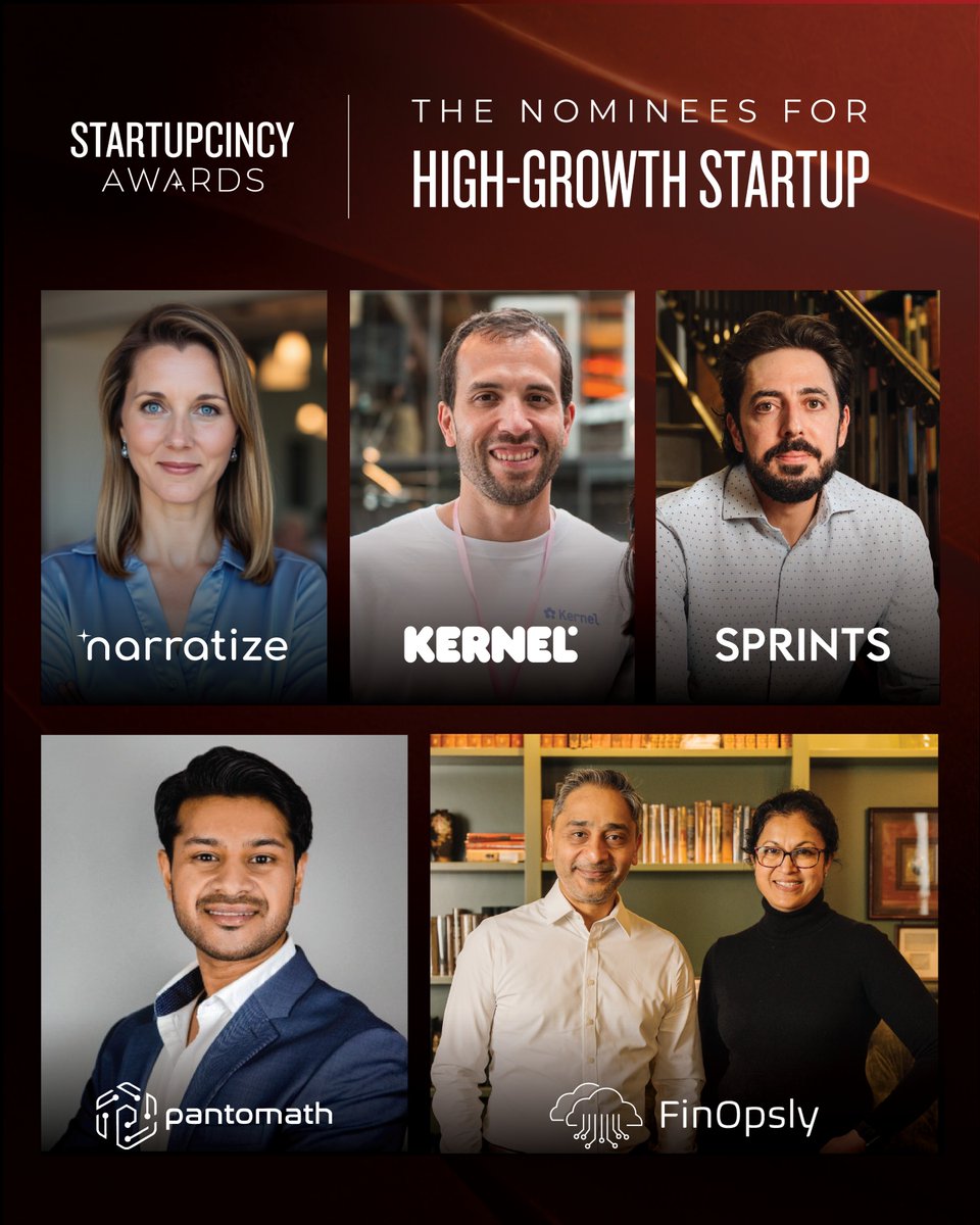 StartupCincy's tweet photo. The countdown is on... the StartupCincy Awards are this week! 

We're excited to introduce the finalists for High-Growth Startup of the Year, presented by Cintrifuse →

🚀 FinOpsly 
🌐 Kernel 
🧠 Narratize 
📊 Pantomath 
🏃 Sprints https://t.co/2UAVCU7YNH