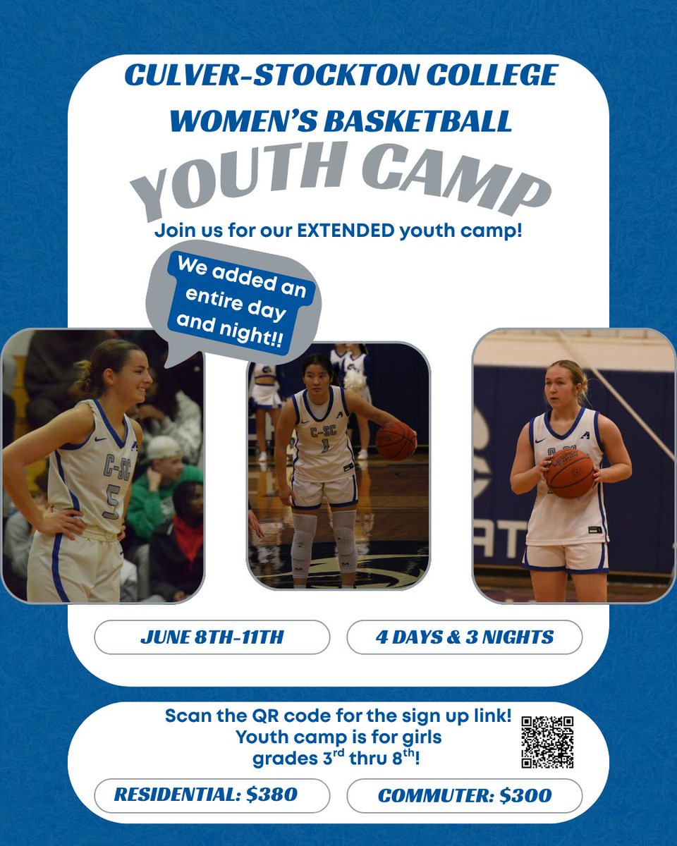 CSCWomensBBall's tweet photo. Don’t forget to get signed up❗️🤩

An EXTRA day and night of fun and basketball❗️🤩

This is for girls grades 3rd thru 8th❗️ Commuter &amp; Residential opportunities❗️

Scan the QR Code to get signed up❗️💙🤍

#cscwbb https://t.co/U4PtUZbMPE