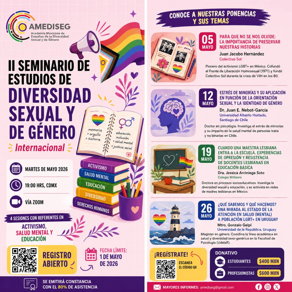 AMEDISEG's tweet photo. Estamos a escasos días de cerrar la inscripción a nuestro II Seminario de estudios de diversidad sexual y de género #AMEDISEG.  

🔗Registro🏳️‍🌈🏳️‍⚧️: https://t.co/qmPFG2RUJX https://t.co/TST6RorYjH