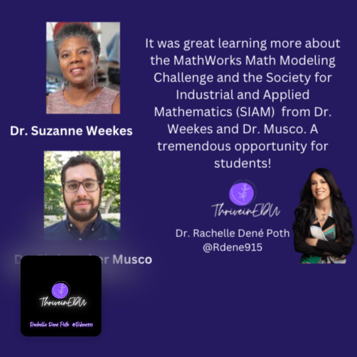 Rdene915's tweet image. Learn more about the @m3challenge in my new podcast episode with guests Dr. Suzanne Weekes and Dr. Christopher Musco buff.ly/xJeCoJW  Register your team by February 20th! #education #edchat #math #mathematics #teaching #IDEAcon   @M3Challenge