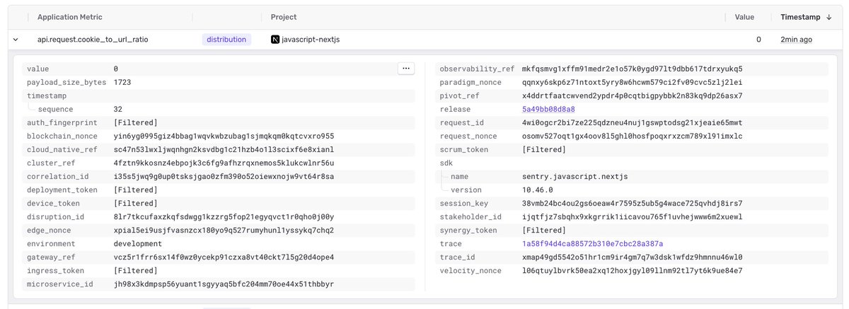 BenjaminCoe's tweet photo. I'm having far too much fun stress testing @sentry's new Application Metrics product.

I can't decide if I like the "scrum_token" or "disruption_id" more. https://t.co/0z7n0M39Mm