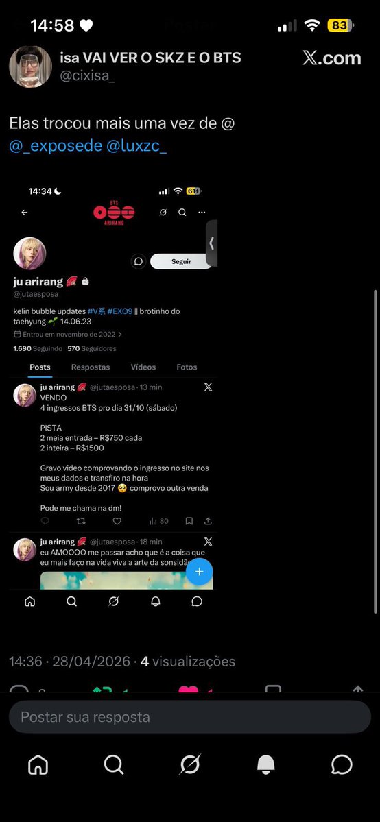 Essa conta não é minha, se usarem meus dados para vender ingresso pro show do BTS É GOLPE EU JULIA GABRIELLA NÃO VENDO INGRESSO!!! eles tem meus dados