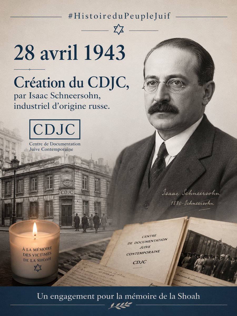 JeromeAttalOff's tweet image. 28 avril 1943
Création du CDJC, par Isaac Schneersohn, industriel d'origine russe.
Un engagement pour la mémoire de la Shoah 

#HistoireduPeupleJuif
#JewishHistory 
#NeverAgain
#Genocide

Combattre l’#antisemitisme par la connaissance