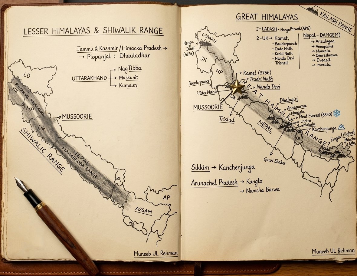 muneebmanzoorsh's tweet image. Apna handmade Himalayas map   Shiwalik se Great Himalayas tak — Everest, Kanchenjunga, Nanda Devi, Kamet sab mark kiye!  Uttarakhand Himachal, Sikkim, Arunachal… konsa region pehle explore karoge?  #Himalayas #Everest #Trekking #IncredibleIndia #Adventure
#india #kashmir #jammu