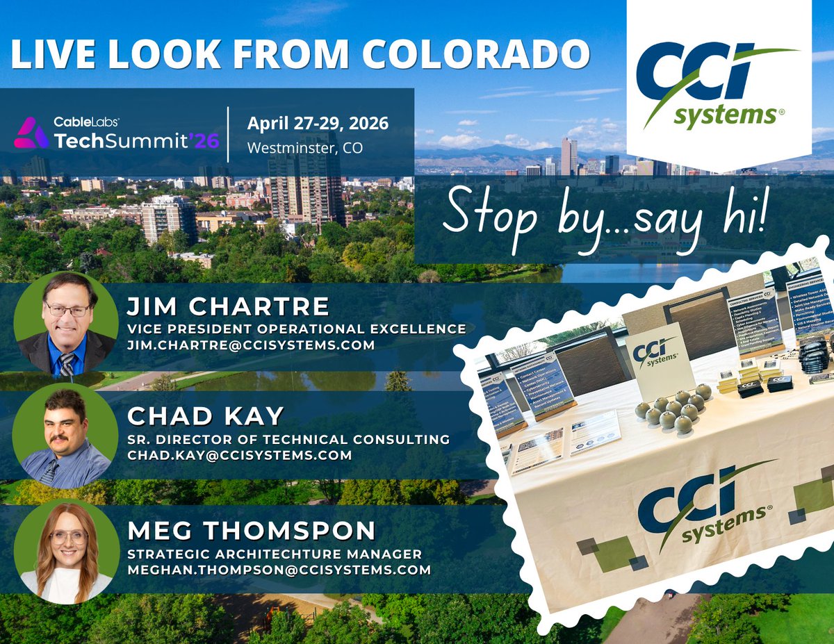 ccisystemsinc's tweet photo. 📍 We’re live at CableLabs Tech Summit 2026! 

Jim Chartre, Chad Kay, and Meg Thompson are on site in Colorado, connecting, collaborating, and talking what’s next in broadband innovation.

Stop by and say hello! 👋
Learn more about CCI Systems: https://t.co/zBWM6r1lGF https://t.co/3Q6gpLiLnD