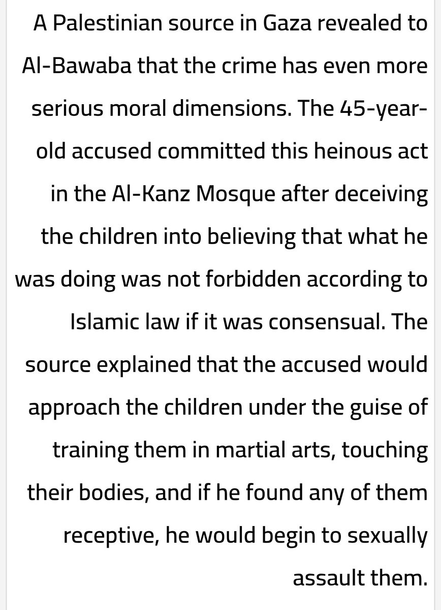 MarionetteJones's tweet image. Hamas-linked Imams in Gaza already caught molesting children 11 years ago. Crazy that he justified his actions by saying he is preparing them to become "heroic mujahedeen."
albawabhnews.com/1174961#
#childabuse
