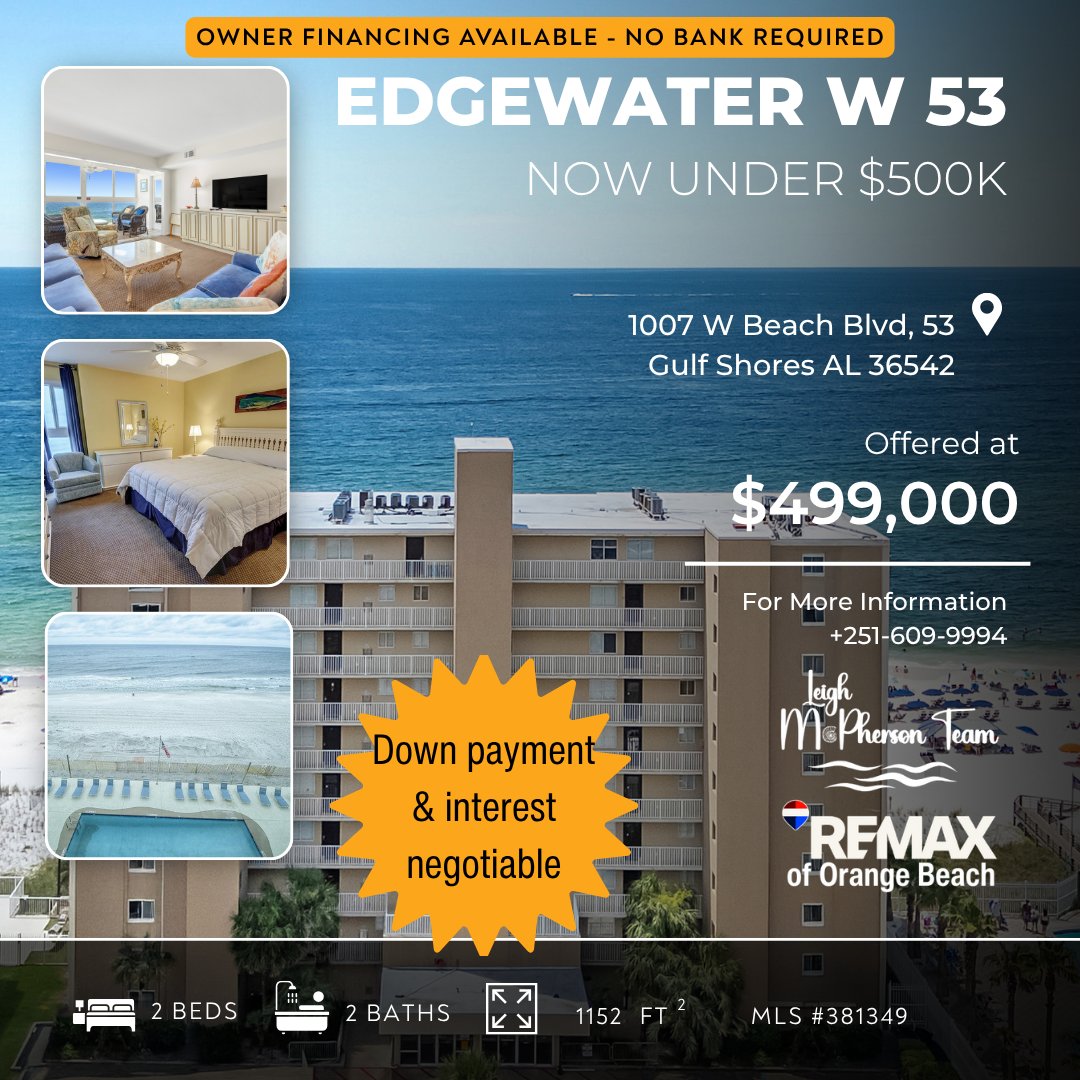 LeighAtTheBEACH's tweet image. NOW UNDER $500k 💡 Owner financing available 📷 Gulf-front 📷 Quiet West Beach 📷 Leigh McPherson, REALTOR® gulfcoastleigh.com #OpenHouse #GulfShores #EdgewaterWest #BeachCondo #OwnerFinancing