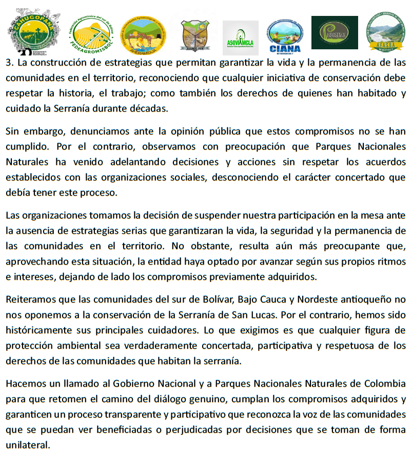CNA_Colombia's tweet photo. 🚨 Comunidades del sur de Bolívar, Bajo Cauca y Nordeste antioqueño denuncian incumplimientos de Parques Nacionales en el proceso sobre la Serranía de San Lucas.

📄 Aseguran que se rompieron acuerdos clave: no hubo socializaciones amplias, falta asesoría técnica y no existen garantías reales para la permanencia en el territorio.

❗️Ante esto, las organizaciones suspendieron su participación en la mesa de trabajo.

⚠️ Advierten que la entidad estaría avanzando de forma unilateral, desconociendo el carácter concertado del proceso.

🗣️ “No nos oponemos a la conservación, exigimos que sea concertada y respete a las comunidades que han cuidado la Serranía durante décadas”.

📢 Hacemos un llamado urgente al Gobierno Nacional y a Parques: retomar el diálogo real y cumplir los compromisos.

🔁 Invitamos a los medios de comunicación y organizaciones a difundir.

#ElCampoSeRespeta