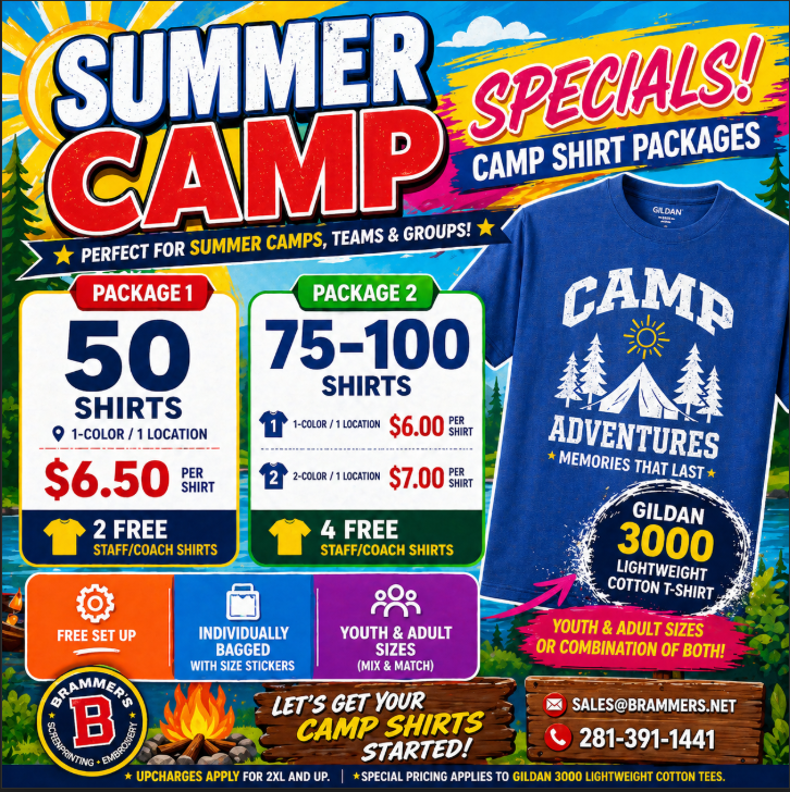 BrammersKaty's tweet image. Get your camp shirts handled!

📷 Free setup
📷 Organized &amp;amp; individually bagged
📷 Youth &amp;amp; adult sizing available
📷 Fast Turnaround
Let’s get your order started:
📷 sales@brammers.net
📷 281-391-1441
#Brammers #SummerCamp #CustomApparel #Summer #KatyTX #ScreenPrinting #ShopLocal